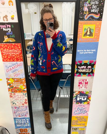 It’s truly officially ugly sweater day for spirit week so I broke out the ugliest one I have! Linked something similar. 

Sweater XL
Pants Maternity L
Shoes 7

#LTKbump #LTKmidsize #LTKHoliday