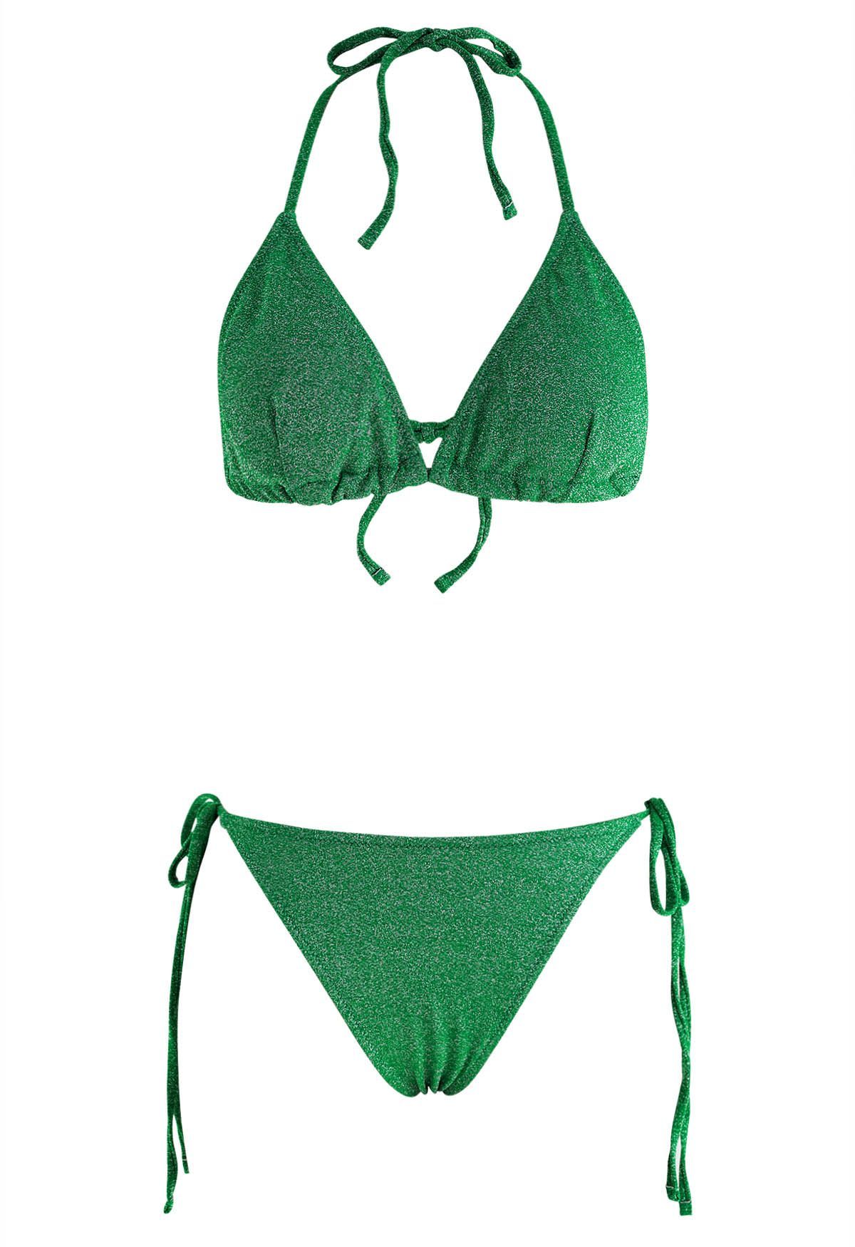Dazzling Metallic Tie-String Bikini Set in Green | Chicwish