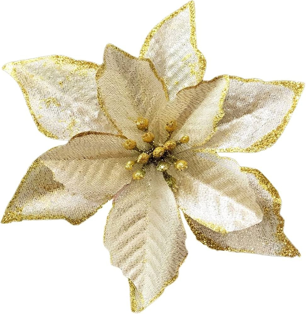 KEPATO Christmas Glitter Poinsettia Christmas Tree Ornaments Pack of 12 (Gold) | Amazon (US)