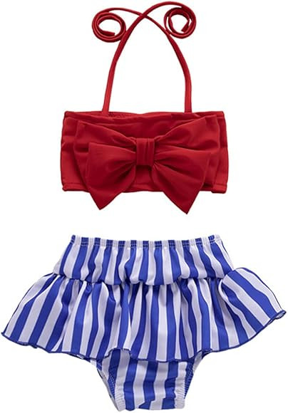 XFGLCK Toddler Girls Swimsuit Bowknot Halter Top+ Stripe Ruffle Bottom Two-Piece Bikini Set Summe... | Amazon (US)