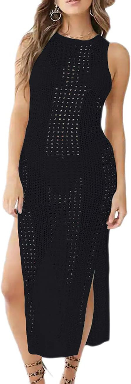 Bsubseach Crochet Cover Ups for Women Hollow Out Sleeveless Bikini Swimsuit Swimwear Side Split Long | Amazon (US)