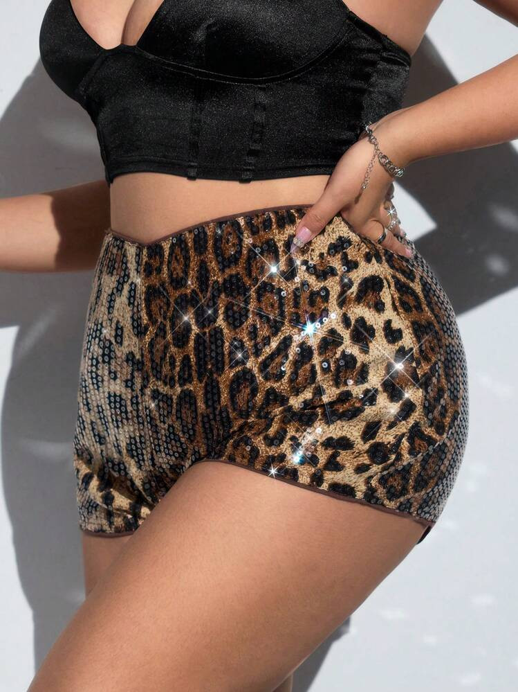 SHEIN ICON Plus Size Women Sparkling Leopard Print Super Mini Shorts, Stylish For Summer | SHEIN