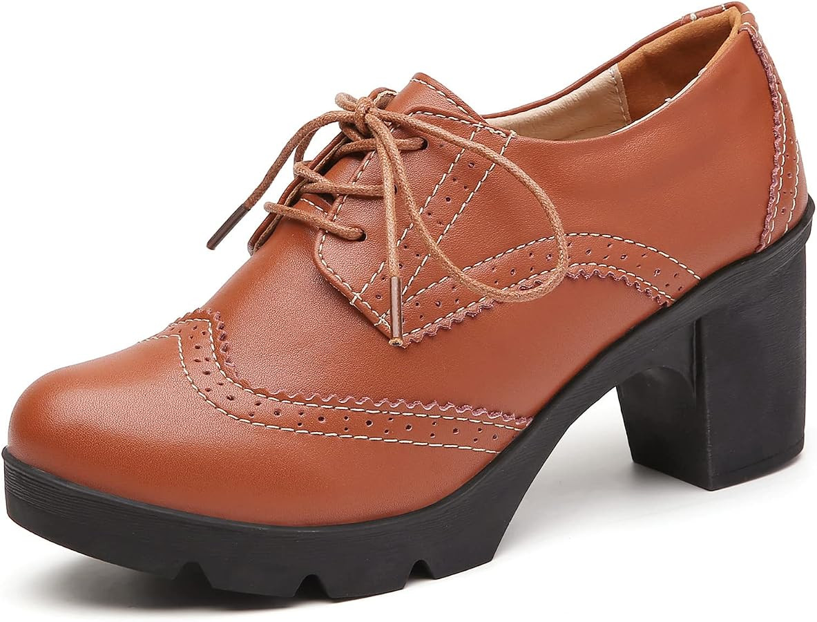 DADAWEN Women's Leather Classic Lace Up Platform Chunky Mid-Heel Square Toe Oxfords Dress Pump Sh... | Amazon (US)