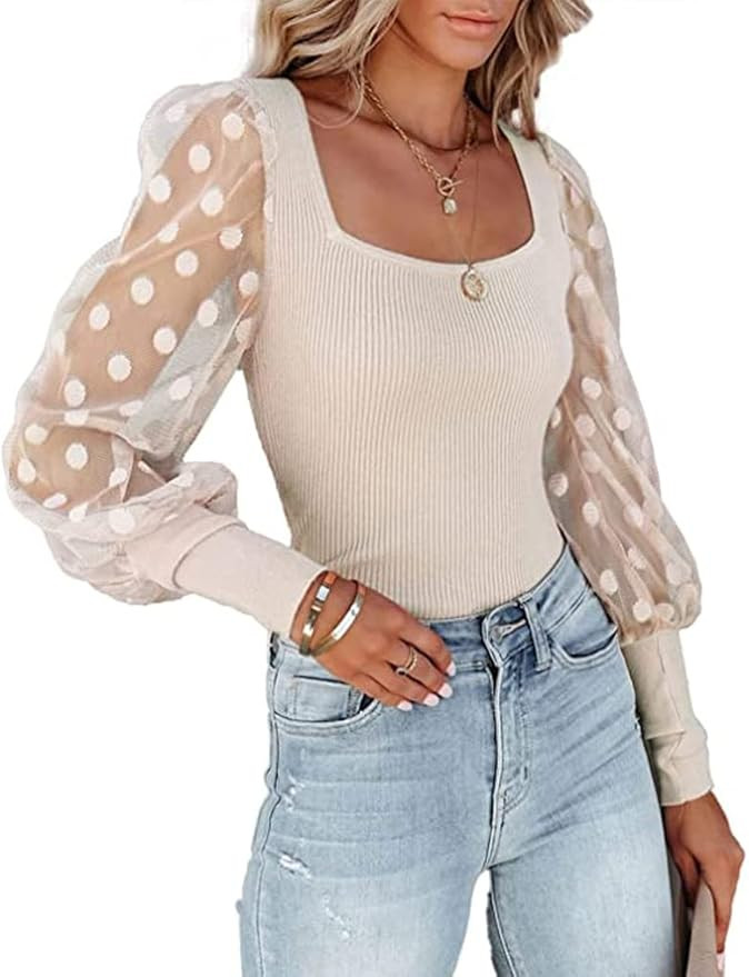 Qearal Women's Puffy Sheer Mesh Long Sleeve Polka Dot Square Neck Ribbed Blouses and Tops | Amazon (US)