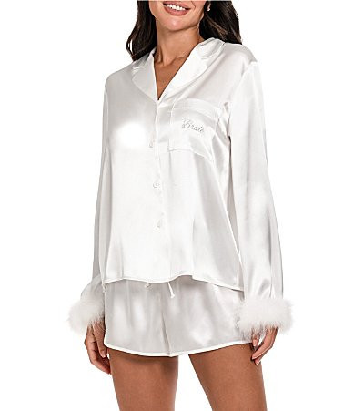 In Bloom By Jonquil Long Sleeve Notch Collar Feather Trim Bridal Pajama Set - L | Dillard's