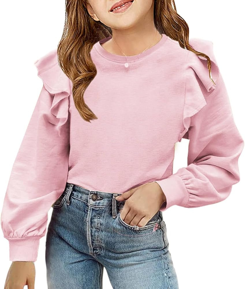 Zwurew Girls Long Sleeve Shirts Cute Ruffle Shoulder Crewneck Sweatshirts Pullover Tops 5-14 Year... | Amazon (US)