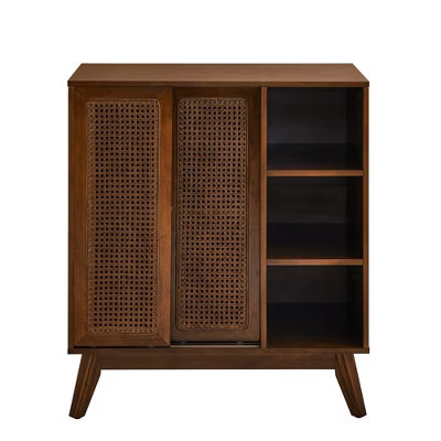 Lirago 15.75"D x 31.5"W x 36"H Mid Century Modern Rattan Sideboard Cabinet Dark Wood Buffet with Adjustable Shelves Solid Wood Feet | Target