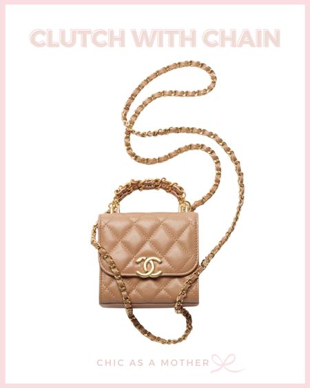 Mini Chanel! I die! 
Clutch with Chain. Love the tan color and gold hardware. Under $2,500. 

#LTKitbag