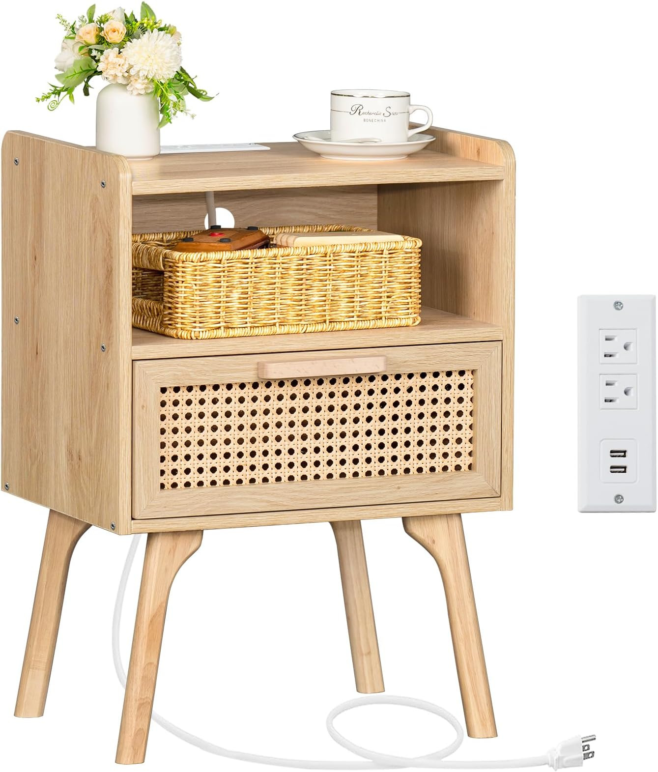 Lerliuo Rattan Nightstand with Charging Station, Boho Side Table with Drawer Open Shelf, Cane Accent Bedside End Table with Solid Wood Legs for Bedroom, Dorm and Small Spaces | Amazon (US)