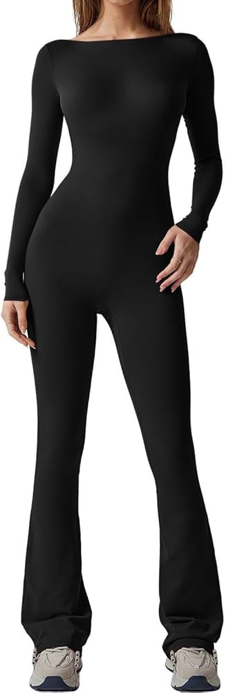 QINSEN Womens Sexy Open Back Long Sleeve Flared Bottom Pants Romper Bodycon Jumpsuit | Amazon (US)