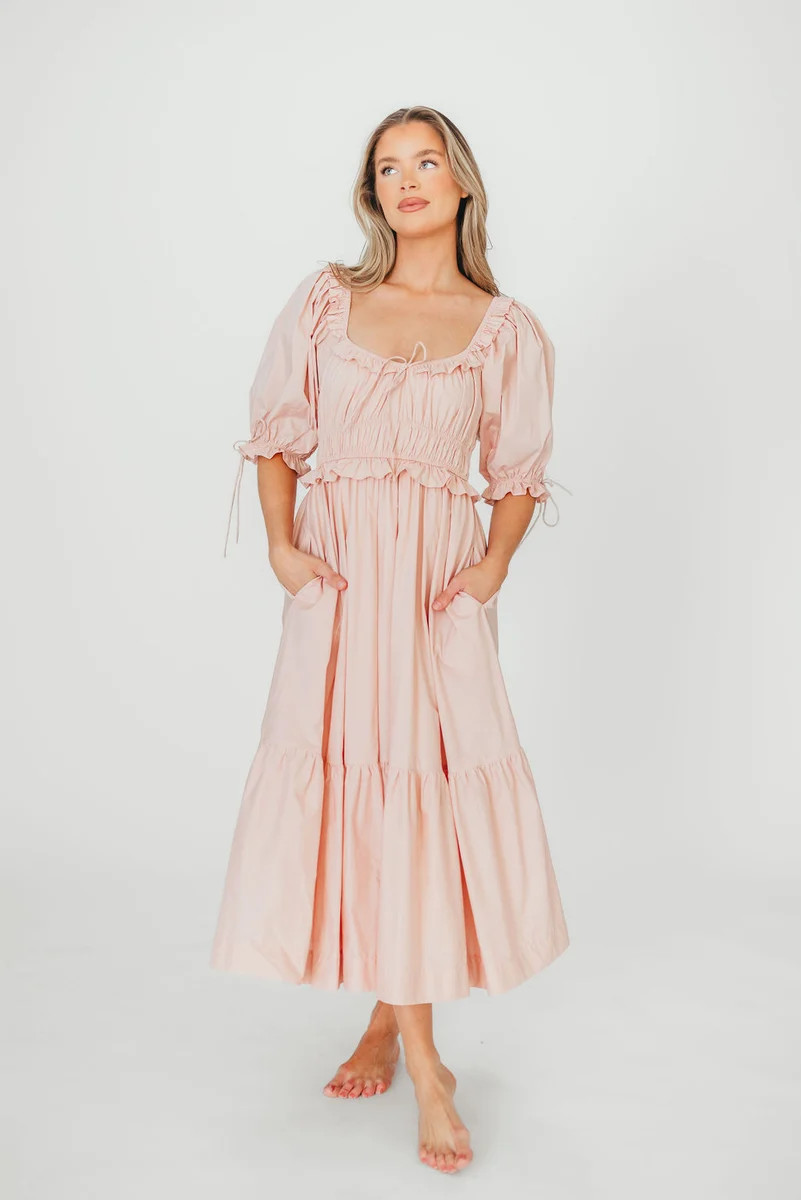 100% Cotton Crissy Ruched Midi Dress in Dusty Pink - Bump Friendly PRE | Worth Collective