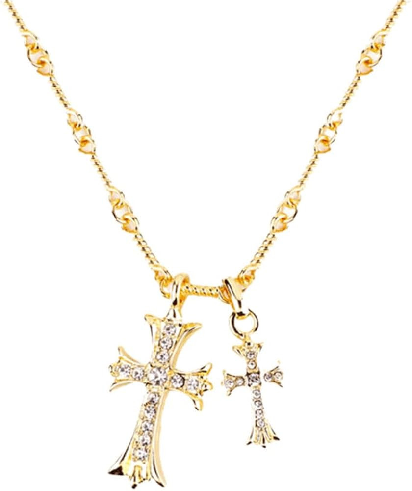 Double Cross Pendant Necklace, 18K Gold Plated Double Cross Necklace Gold, Cubic Zirconia Cross N... | Amazon (US)