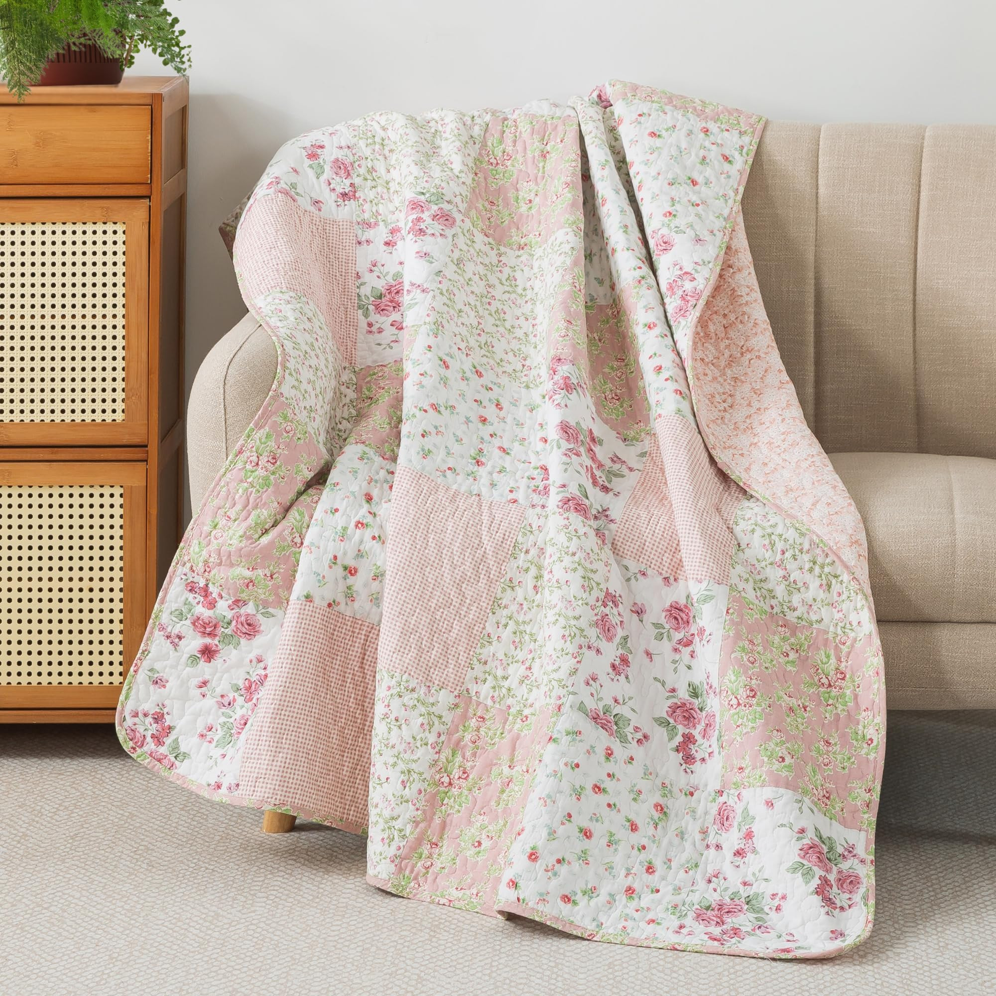 Soul & Lane Blush Bloom Quilted Throw Blanket - 50" x 60": 100% Cotton Floral Quilt in Blush and ... | Amazon (US)