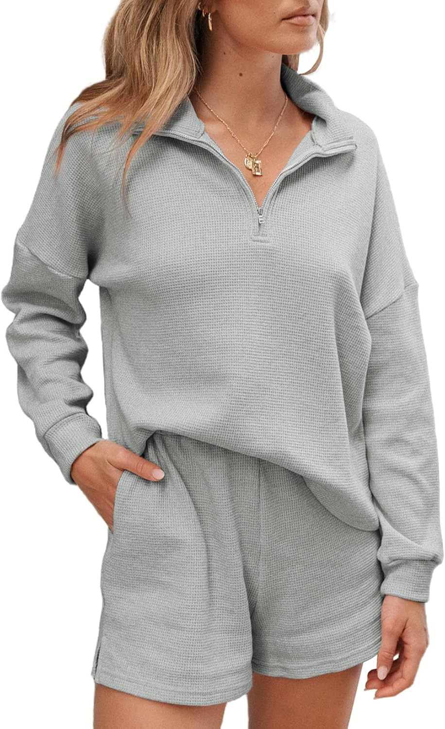 Aleumdr Women's 2 Piece Outfits Zipper Waffle Knit Lounge Sets Long Sleeve Shorts Outfits Pjs wit... | Amazon (US)