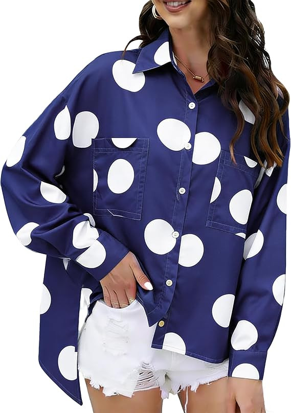 oshoplive Women's Loose Flowy Blouse Tops Polka Dot Long Sleeve Button Down Side Slit High Low He... | Amazon (US)