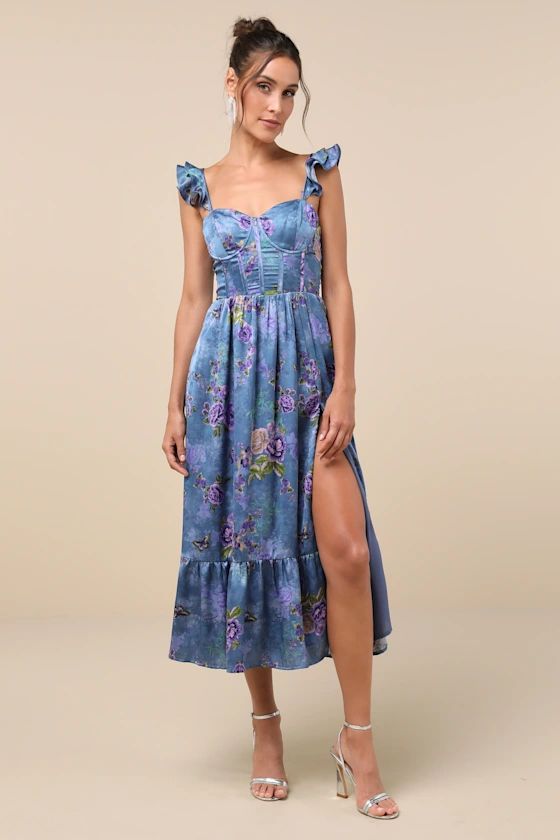 Sweet Like Sangria Blue Floral Ruffled Bustier Midi Dress | Lulus