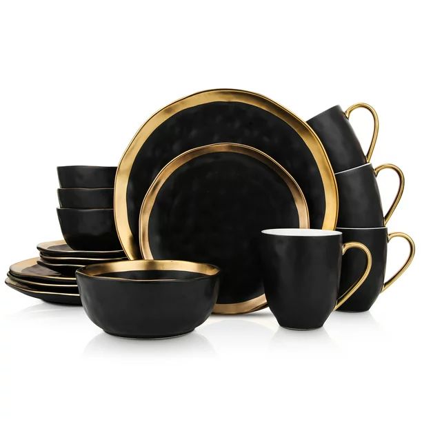 Stone Lain Florian Modern Porcelain Dish Set, 16-Piece Dishes for 4, Gold and Black | Walmart (US)