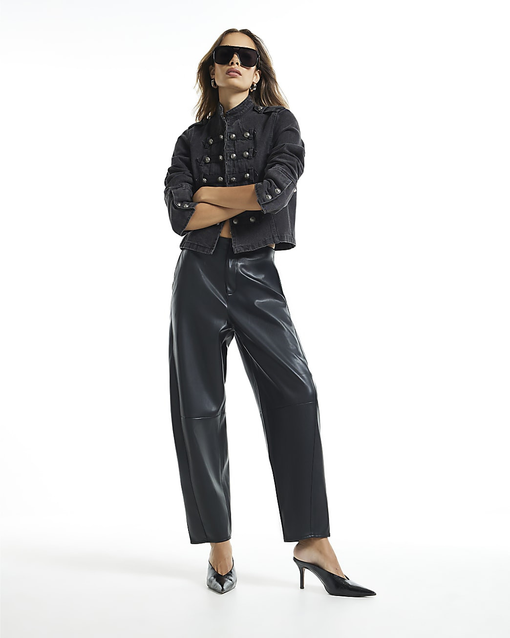 Black Faux Leather Barrel Leg Trousers | River Island UK & IE