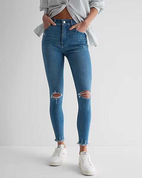 High Waisted Medium Wash Ripped Raw Hem Skinny Jeans | Express
