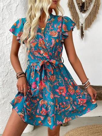 SHEIN LUNE Zomerjurk met botanische print, halslijn en fladdermouwen, wikkeljurk met riem | SHEIN