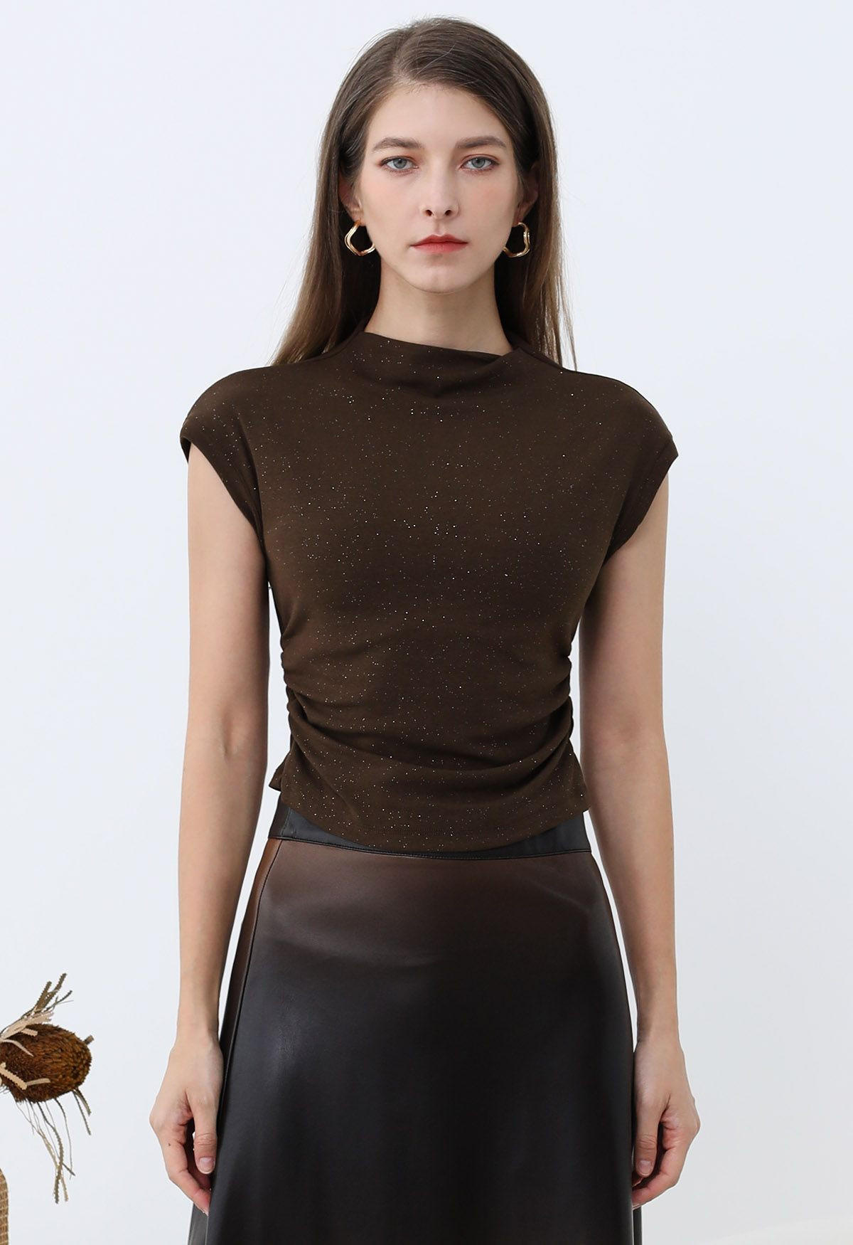 Shimmering Ruched Waist Cap Sleeves Top in Brown | Chicwish