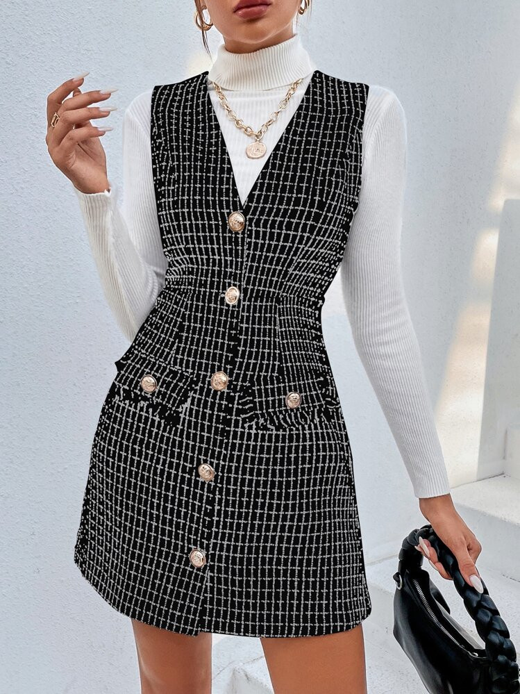 SHEIN Privé Plaid Single Breasted Dress Without Sweater | SHEIN