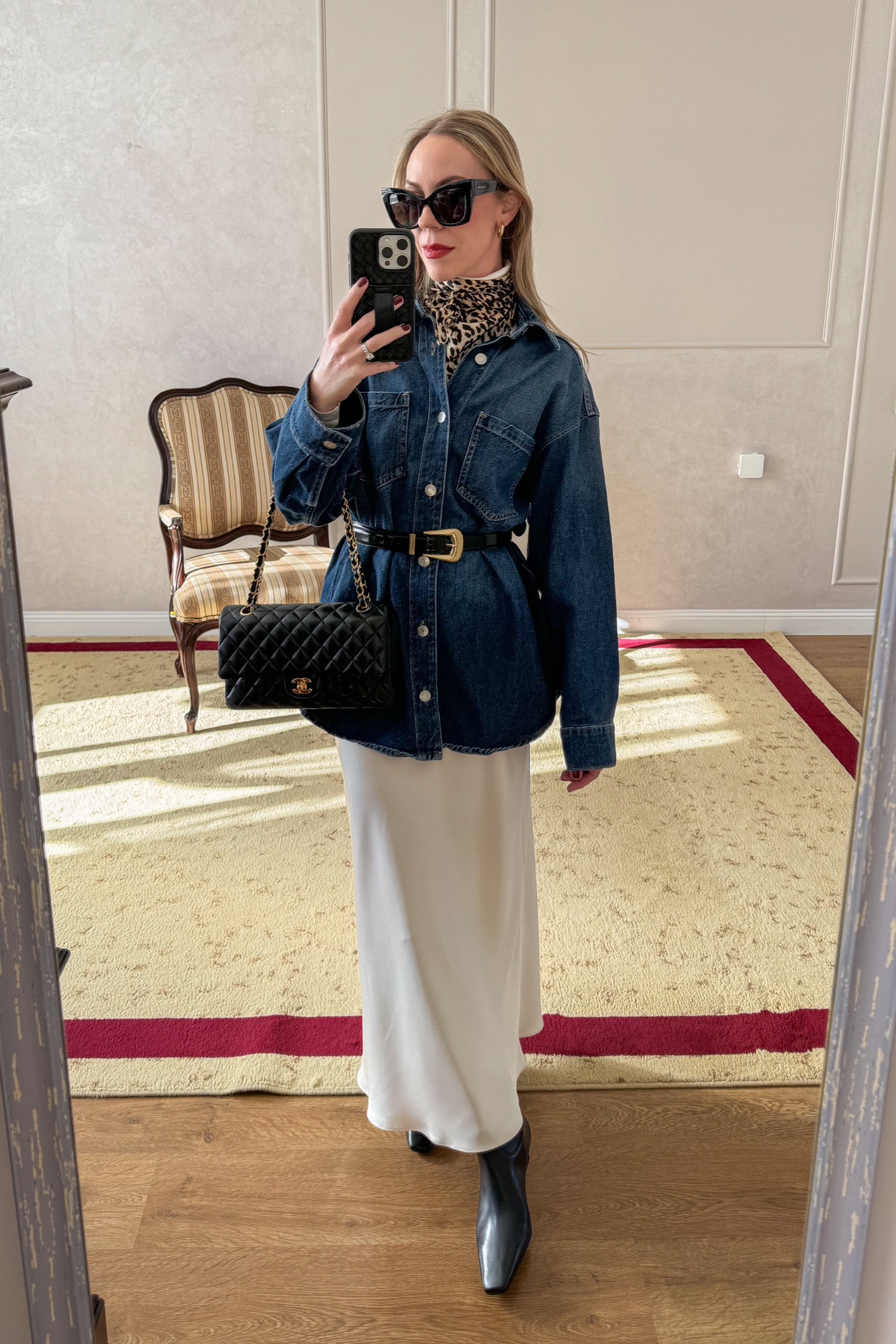 Fall outfit idea with oversized denim shirt, leopard print silk scarf, western belt, satin midi skirt, knee high black leather boots 

#LTKSeasonal #LTKFindsUnder100 #LTKOver40