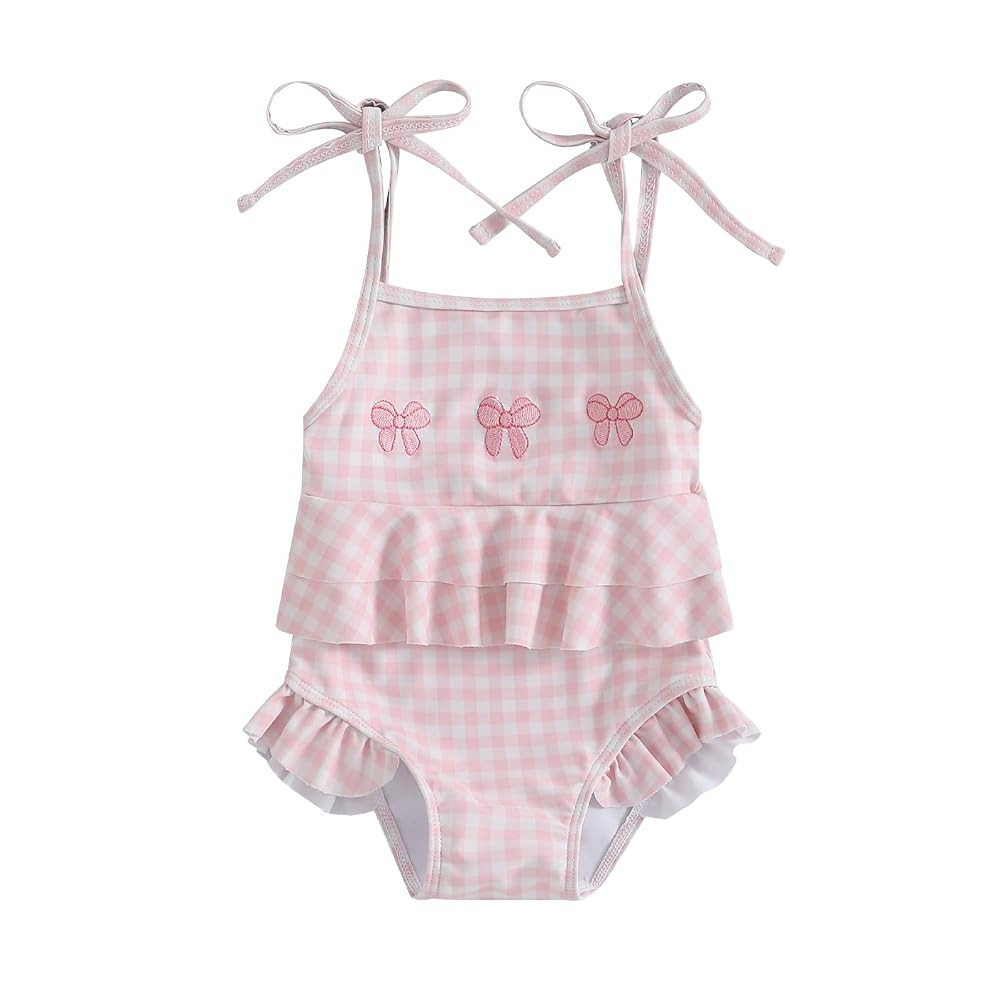 Toddler Baby Girl One Piece Swimsuit Bow Embroidery Checkered Print Ruffle Bikini Sleeveless Bath... | Amazon (US)