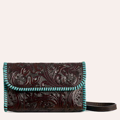 Rockin' C Chocolate Tooled Turquoise Whipstitched Mini Crossbody Bag | Cavender's