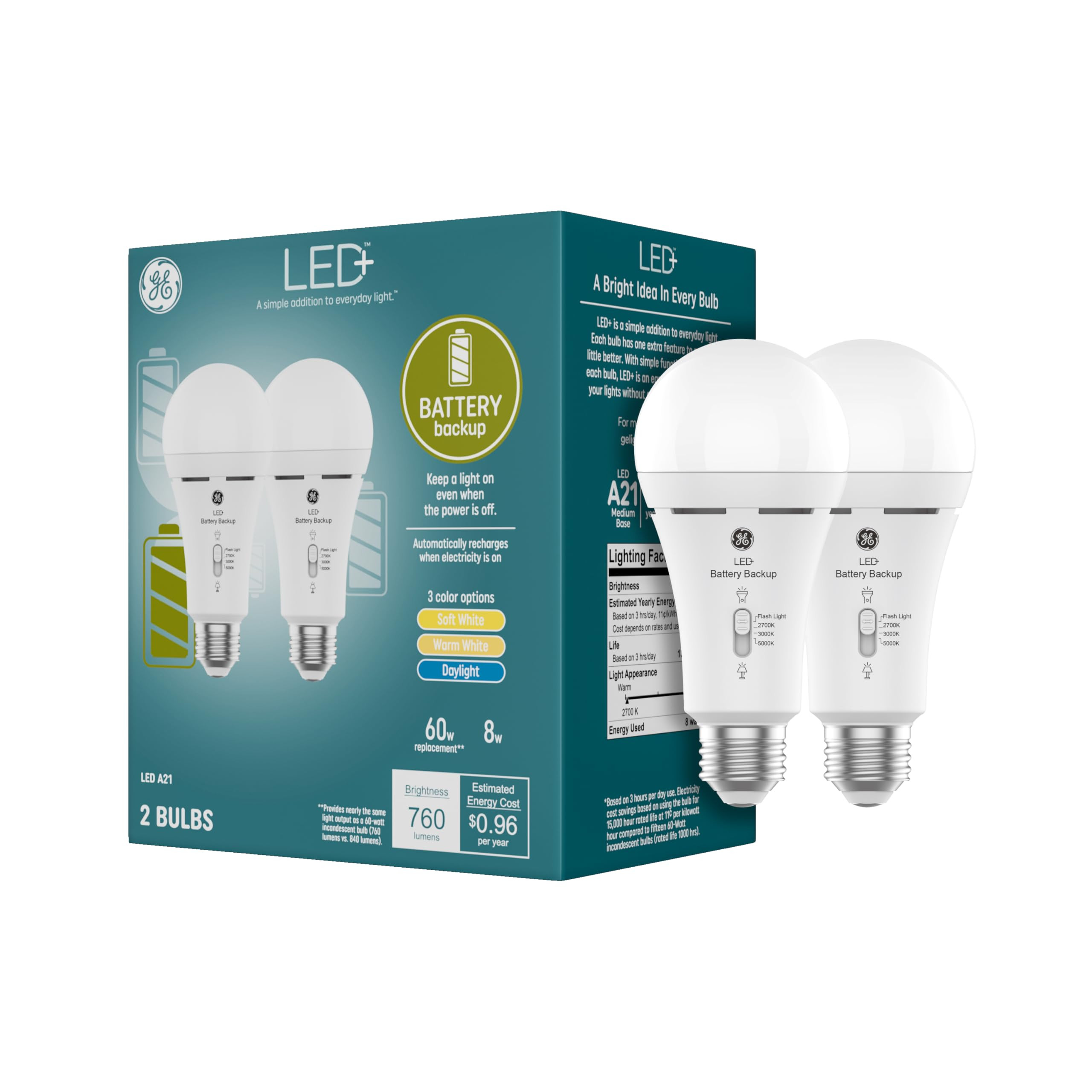 GE LED+ Backup Battery LED Light Bulbs, A21 Rechargeable Light Bulbs for Power Outages and Emerge... | Amazon (US)