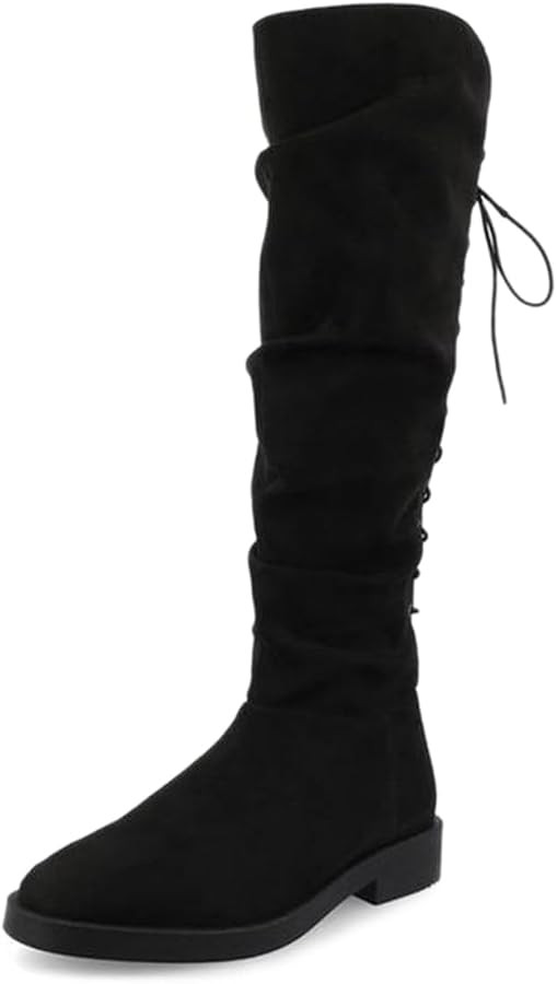 YDN Women Slouchy Low Chunky Heel Lace Up Knee High Boots Side Zipper Round Toe Flats Tall Bootie... | Amazon (US)