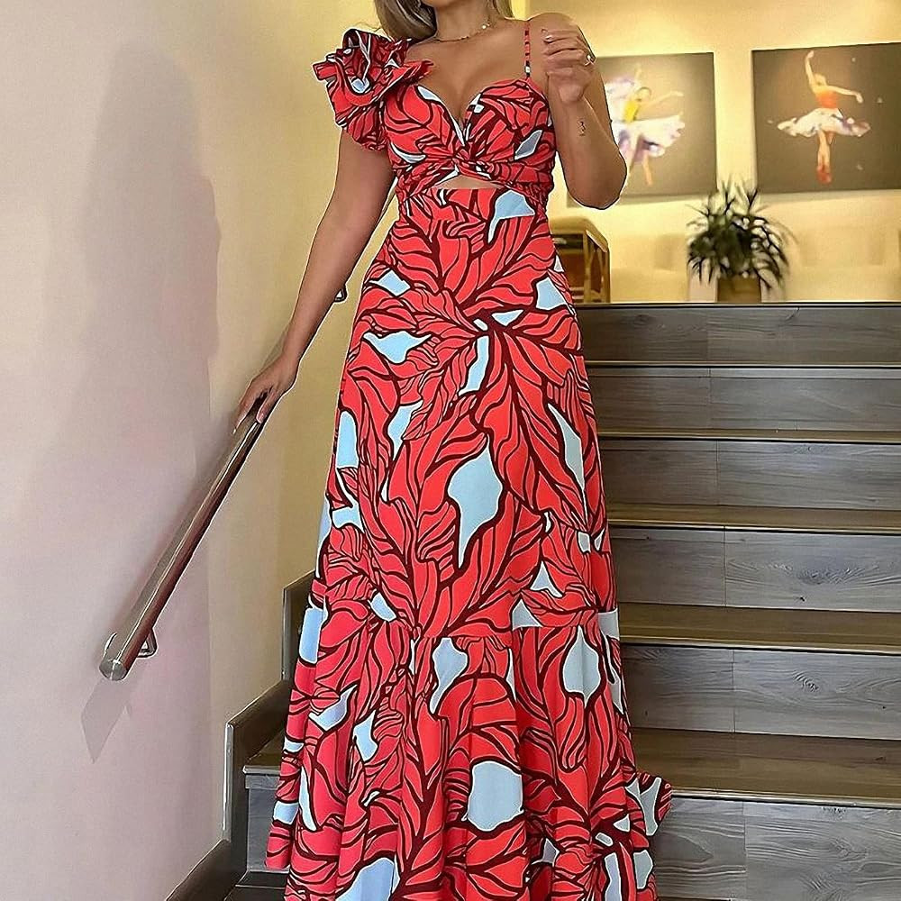 Lady Sexy Hollow Sleeveless Suspender Long Dress Pleated Boho Dress Elegant Floral Print High Wai... | Amazon (US)