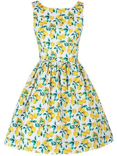 Lemon Print Sleeveless Fit & Flare Dress - Multicolor | Romwe