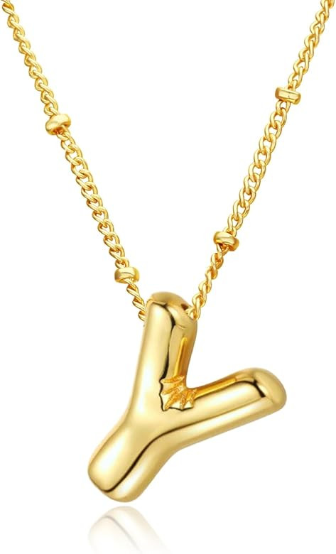 Collar con la letra inicial del nombre de aspecto inflado, chapado en oro de 18 k, para mujer, co... | Amazon (US)
