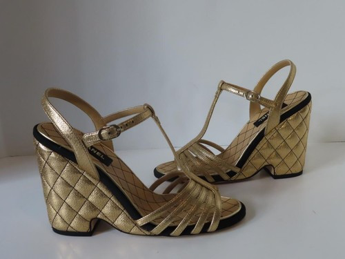 NWOB CHANEL 2022 Gold Calfskin Quilted Wedge Sandals/Heels EUR 38.5 $1,350 | eBay US