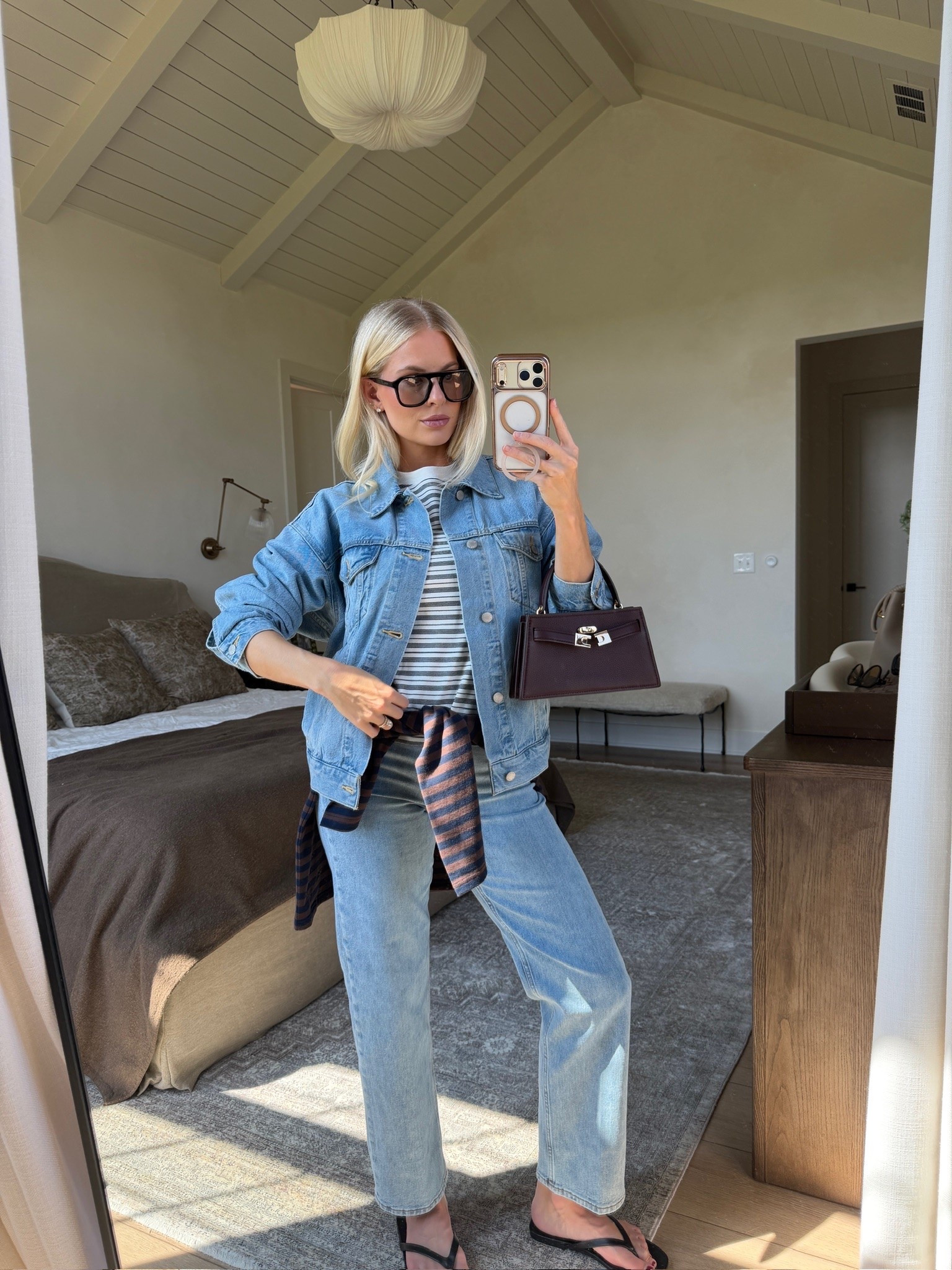 SIZE: med in tees & jacket, 28 in jeans (sized up for pp - 7 Yrs Bleu Taboo), linked similar shoes & bags! #kathleenpost Fall transition outfit, fall outfit Inspo, denim on denim

#LTKootd
