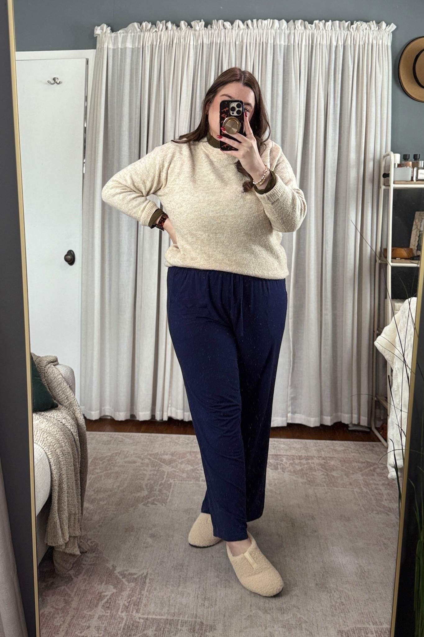 Today’s cozy WFH OOTD includes:
Cider turtleneck top, folded the turtleneck in half to be more of a mockneck (size XL, TTS)
Old Navy crew neck sweater (size L, TTS)
Amazon wide leg navy pants (size XL, TTS)
Bombas Sunday slipper (size 8, size up if you are a half size)

#LTKMidsize #LTKootd #LTKWorkwear