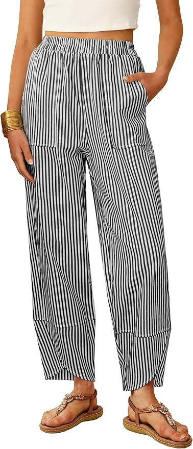 ANRABESS Womens Striped Gingham Pants Summer Lounge Cute PJ Bottom Plaid Pants Casual Wide Leg Be... | Amazon (US)