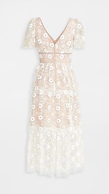 Flower Sequin Puff Sleeved Midi Dress | Shopbop