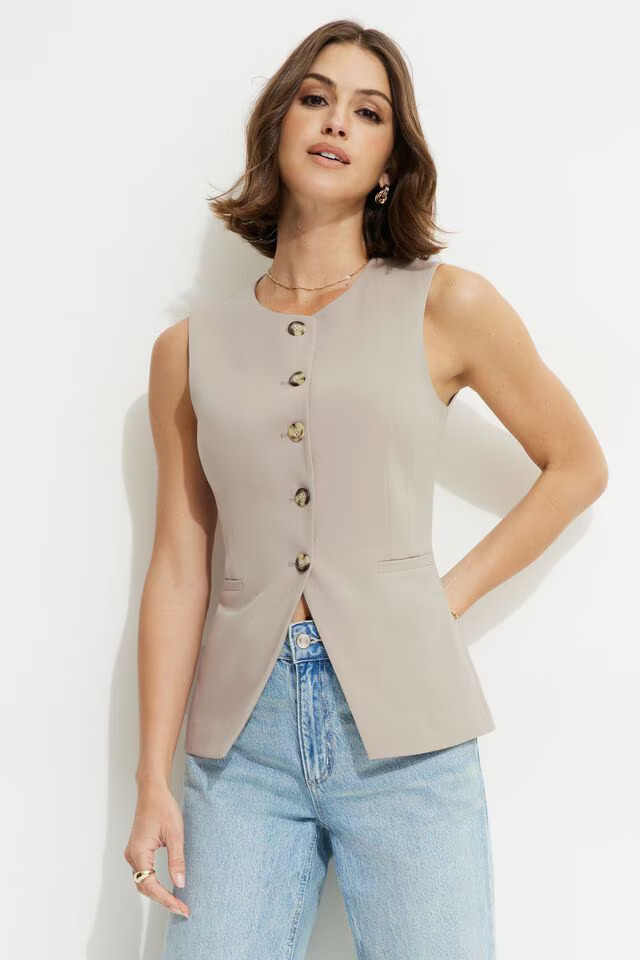 Emery Round Neck Flyaway Vest | Dynamite Clothing