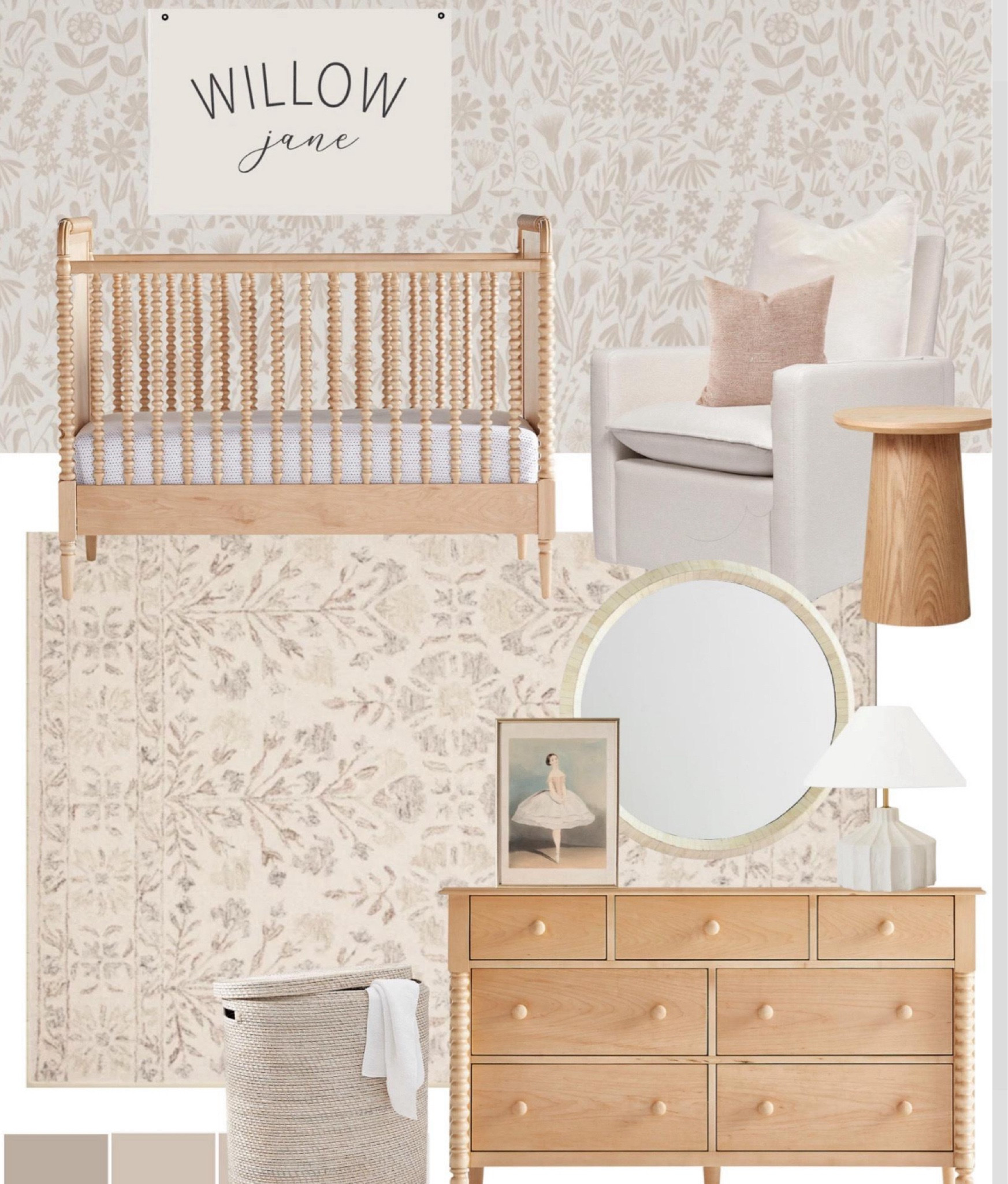 Girls nursery mood board, girls baby room decor, modern transitional baby girls nursery mood board, floral wallpaper for nursery #nursery
#LTKHome #LTKU #LTKBaby