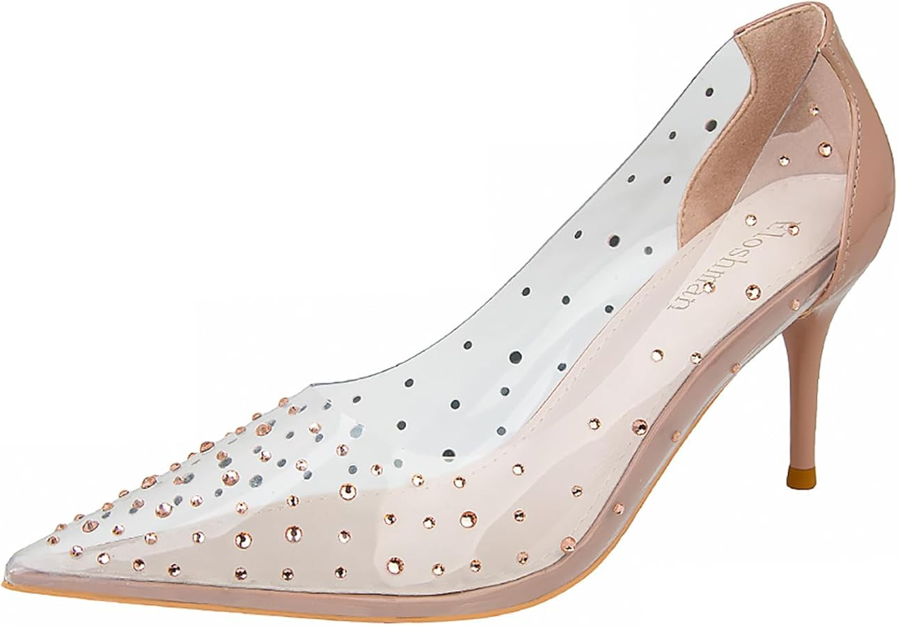 Women's Rhinestones Clear Leather Stiletto Pumps Fashion Comfort Closed Pointed Toe Slip On High ... | Amazon (US)