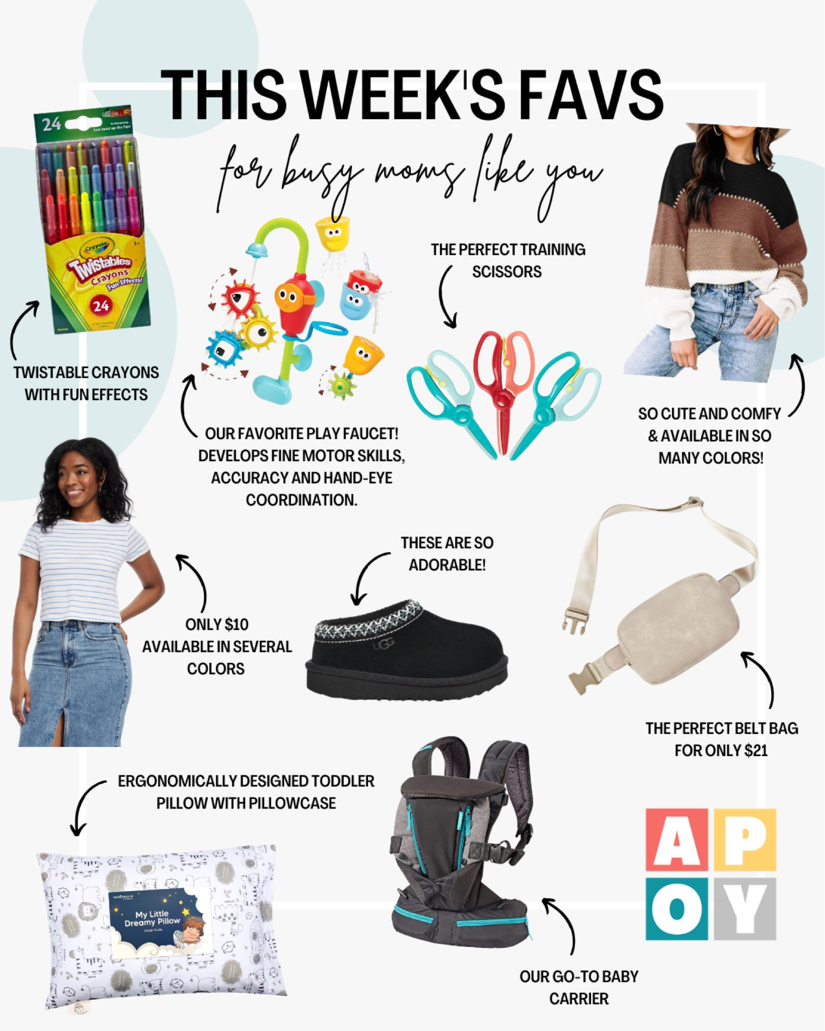 This week’s follower favorites including Crayola twistable crayons, Yookidoo Flow ‘n Fill faucet bath toy, Fiskars toddler training scissors, Amazon women’s oversized sweater, Target striped crop tee, Ugh toddler slippers, Amazon leather belt bag, Infantino baby carrier, and Amazon toddler pillow.

#LTKfindsunder50 #LTKkids #LTKfamily