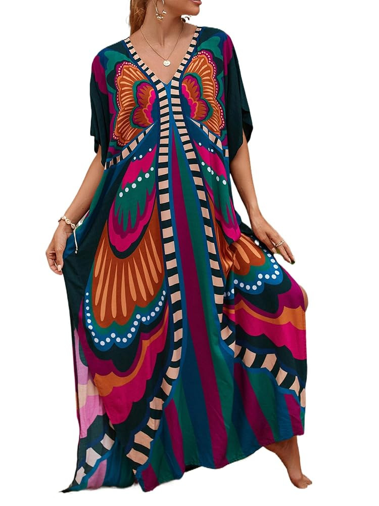 Chunoy Women Casual V Neck Kaftan Dress Kimono Sleeve Bathing Suit Beach Cover Up Caftan Side Spl... | Amazon (US)