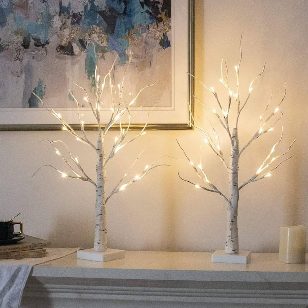 Vanthylit White Birch Tree with LED Lights - Set of 2, LED Tabletop Tree with Timer, Christmas De... | Amazon (US)