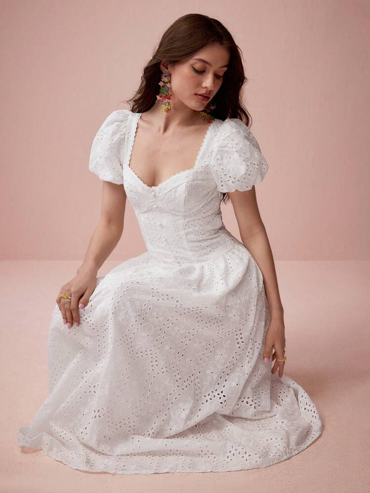 Enchnt Spring/Summer Romantic Women's White Exquisite Floral Embroidered Puff Sleeves Square Neck Long Dress, Sweet&Elegant For Wedding Season Party&Sweet Datet&Daily Commuting&Garden Parties&Vacation&Graduation Season | SHEIN