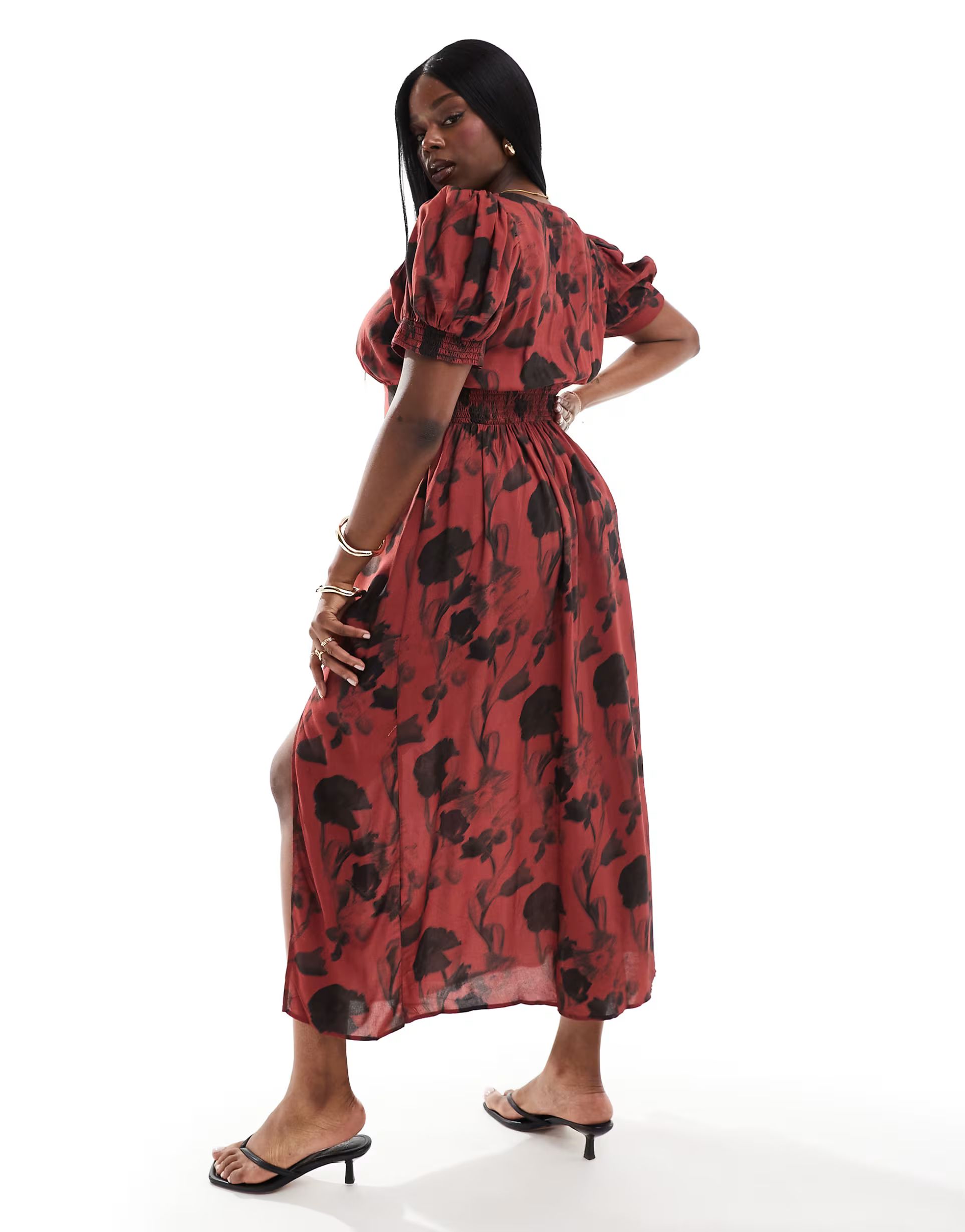 ASOS DESIGN Curve puff sleeve lace up midi dress in rust print | ASOS | ASOS (Global)