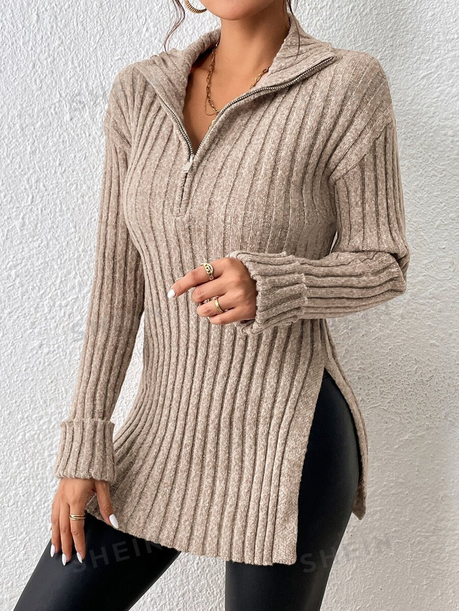 SHEIN Frenchy Half Zip Drop Shoulder Split Hem Sweater | SHEIN