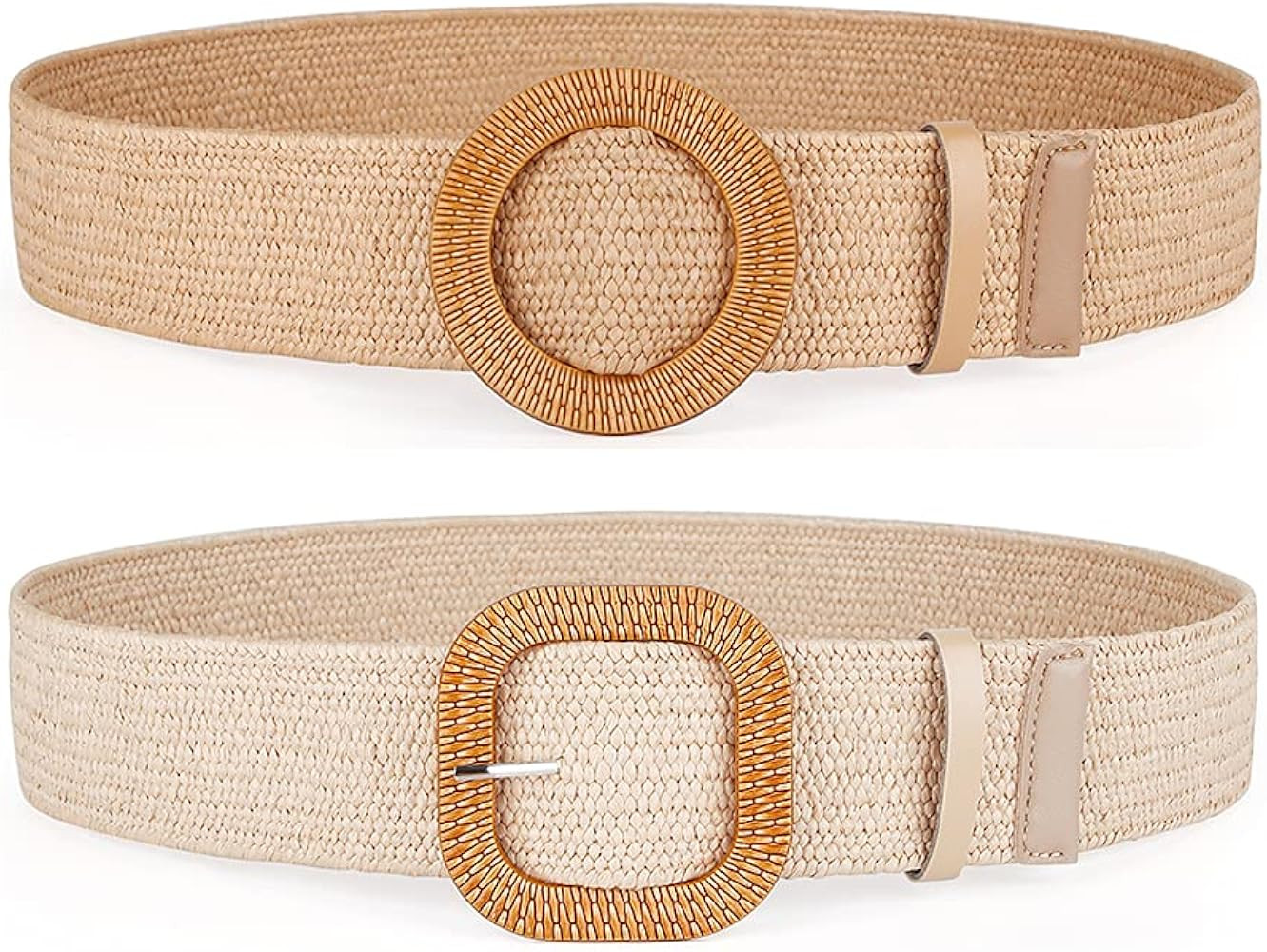 Women Belts For Dresses, Elastic Straw Rattan Waist Band With Wood Buckle | Amazon (US)