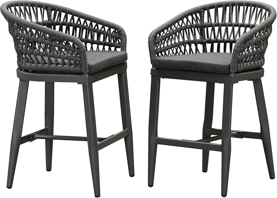 PURPLE LEAF Outdoor Rattan 24" Counter Height Bar Stools Chair Set of 2, Modern Upholstered Patio... | Amazon (US)